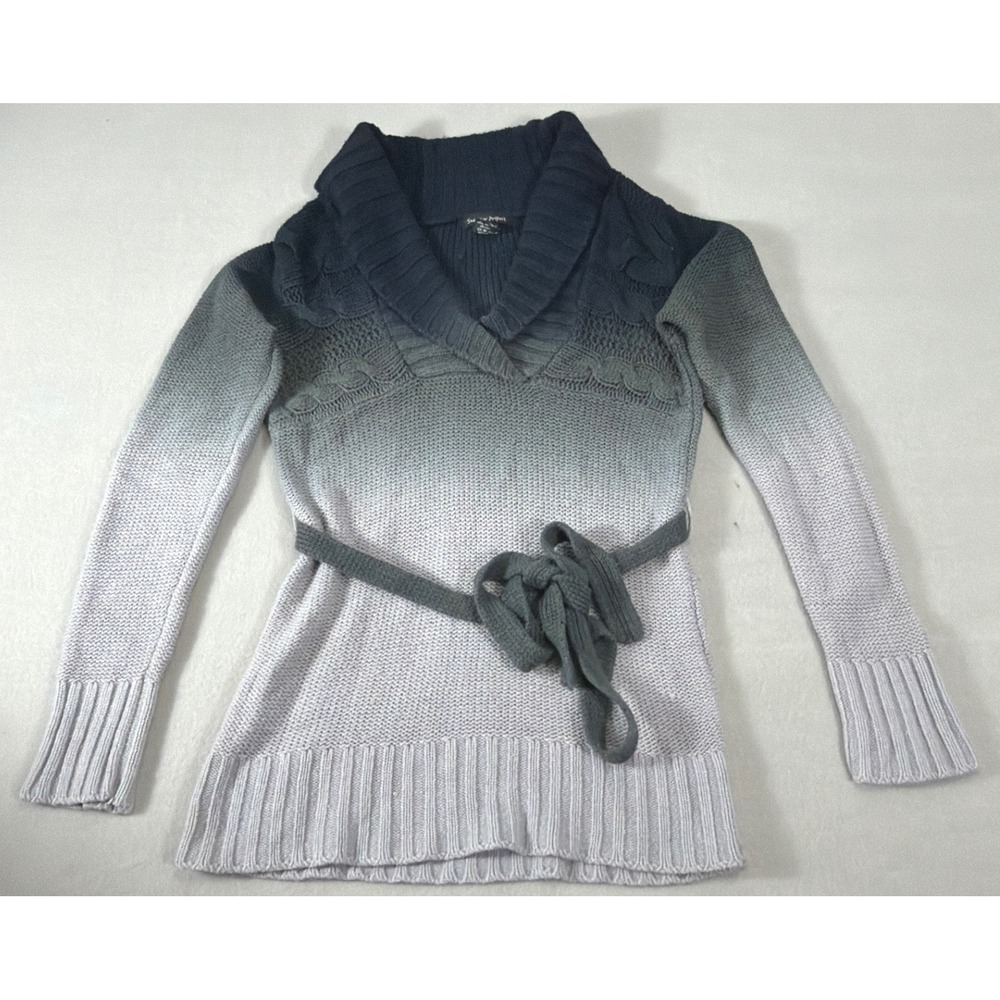 Sweater Project Ombre Shawl Collar Cable Knit Belted Sweater Navy Grey Large